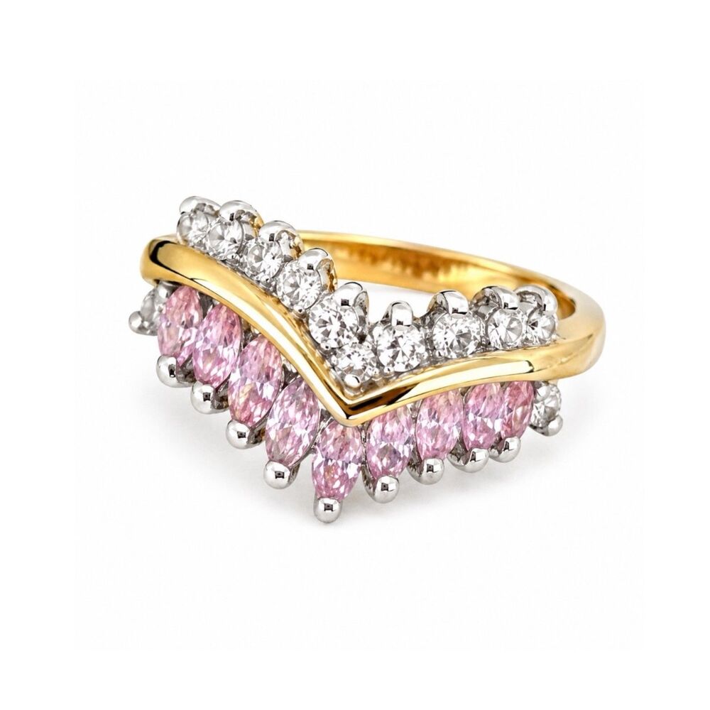 Vintage 1980s Ring Size 6 Pink CZ Chevron Cluster Gold Plated Band - 14V